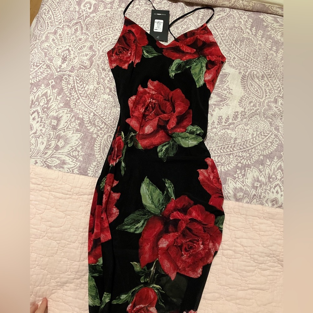 Fashion Nova Black Slip Dress with Red Rose Print